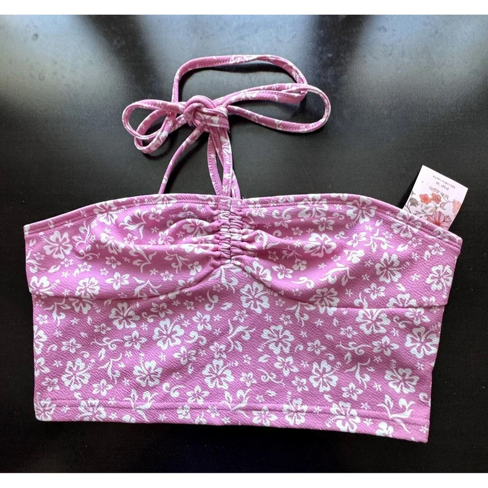 Shein Pink with White flowers Tie Crop Top Halter Size Medium (6) - Picture 1 of 6
